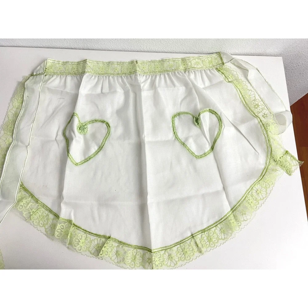 Vintage White Half Apron Lime Green Lace Trim Heart Applique Retro Cottagecore